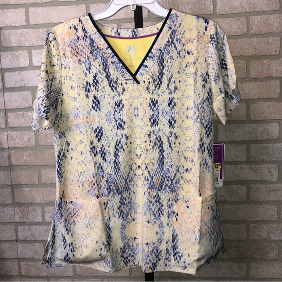 Healing Hands Purple label Grosgrain Ribbon V neck yellow snake skin scrub top - Picture 2 of 10